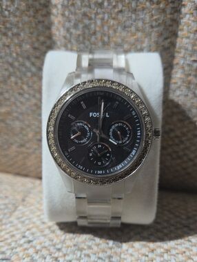 Fossil Clear Bracelet Watch with Black Dial and Crystal Accent